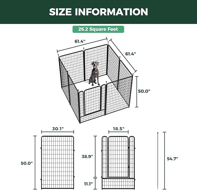 FXW Rollick Dog Playpen Wall Connection Set for Indoor and Yard, 50 Inch 8 Panels for Large Dogs with 4 Fence-to-Wall Anchors, Black | Patented