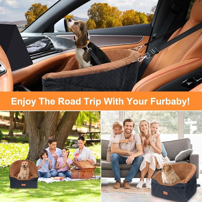 Vivifying Dog Car Seat for Small & Medium Dogs, Detachable & Washable Booster Seat for Pets Up to 25lbs, Travel Bed with Storage Pockets and Safety Belt – Brown&Black