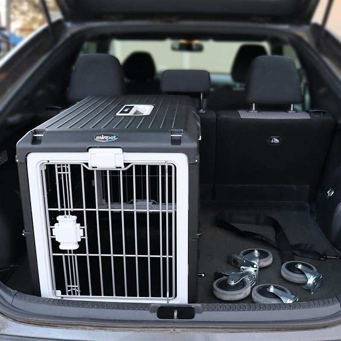 Collapsible Dog Crate & Travel Kit Bundle, 35"L x 21"W x 27"H, Hard Sided Portable Kennel with Wheels, Strap, and Zip Ties for Travel