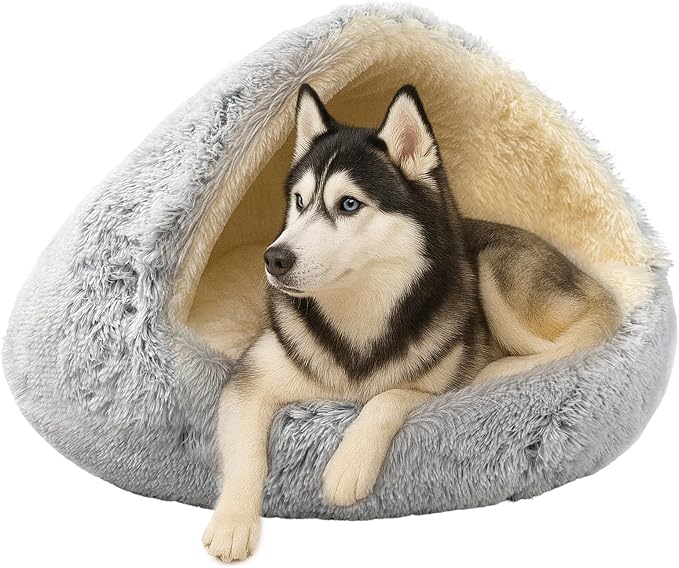 ShinHye Round Plush Fluffy Hooded Cat Bed Cave, Cozy for Indoor Cats or Small Dogs, Waterproof Bottom, Washable（35 in）
