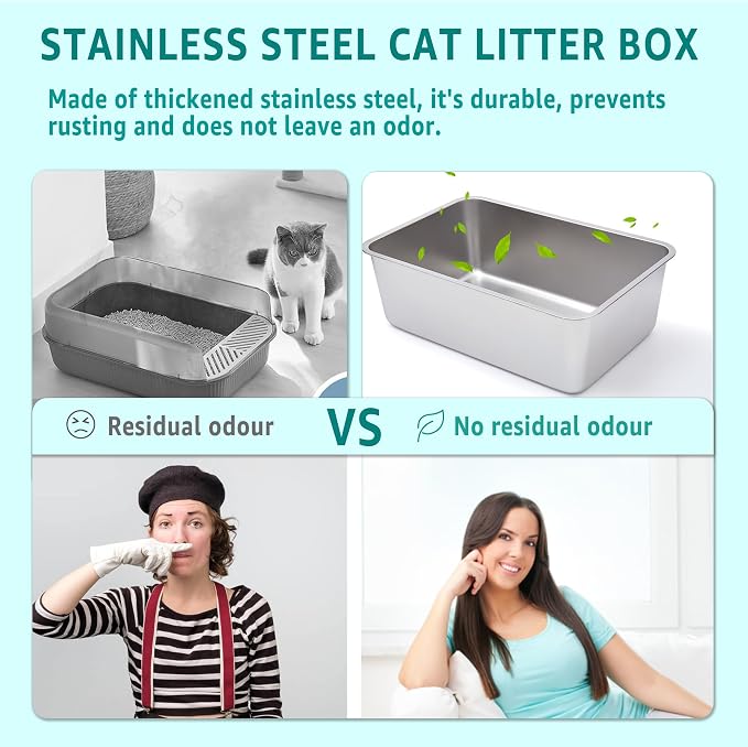 Stainless Steel Cat Litter Box XXL 2pcs，Metal Litter Box for Big Cats | Multiple Cats, Cat LitterBox -Pet Toilet Easy to Clean,Pan Litter Box,Non Stick, No Smell,Indoor,Pet Bathing Pan