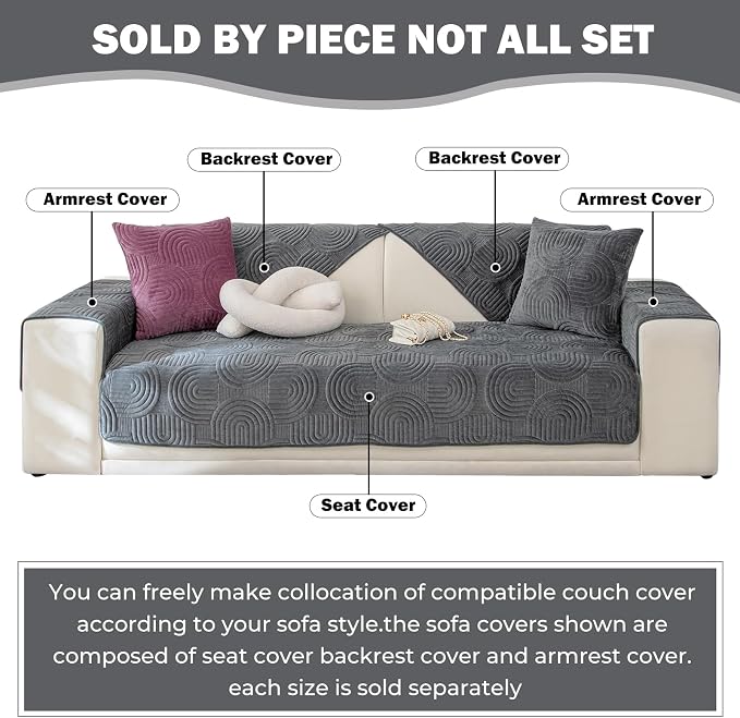 Soft Plush Geometric Quilted Couch Sofa Cover Boho Non Slip Fuzzy Sectional Couch Cover Solid Color Washable Sofa Slipcover Furniture Protector for Kids Dogs Cats (Dark Grey,36"x70")