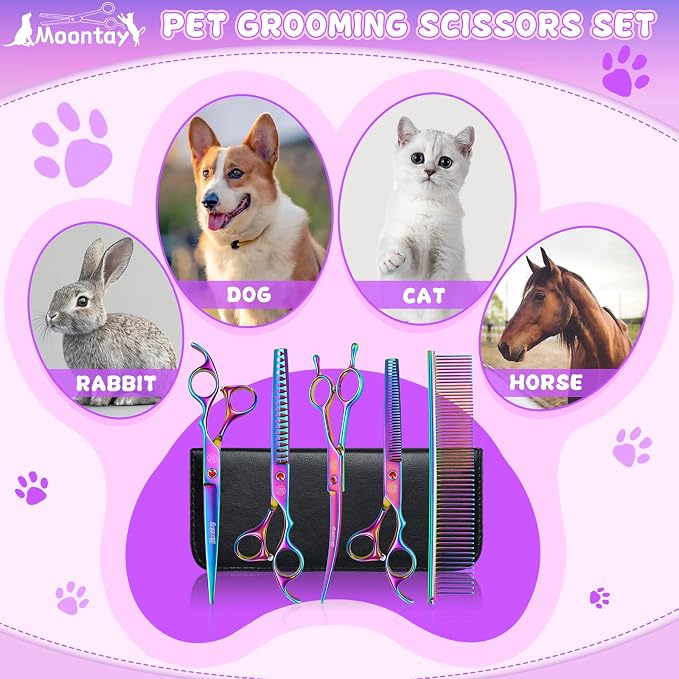 Professional Dog Grooming Scissors Set, 7 Inch/8 Inch Pet Grooming Scissors Chunkers Shears for Dog, Curved Dog Grooming Scissors, Thinning Shears for Dog with Grooming Comb | Pet Grooming Chunkers Shears for Dog, Curved Dog Grooming Scissors, Thinning...