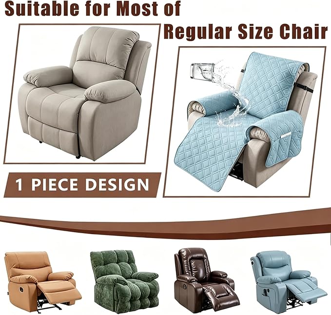 100% Waterproof Recliner Chair Cover, Non-Slip Washable Recliner Slipcover with Elastic Straps & Side Pocket, Stay in Place Furniture Protector for Dogs Cats Kids (Light Blue, 23)