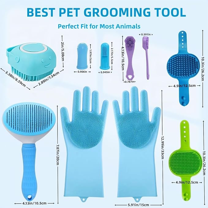 9-in-1 Pet Grooming Kit:Deshedding Brushs,Massage Gloves Brush,Silicone Finger Toothbrushes,Shampoo Bath Brushs,Slicker Brush – Complete Grooming Set for Dogs, Cats, and Small Animals