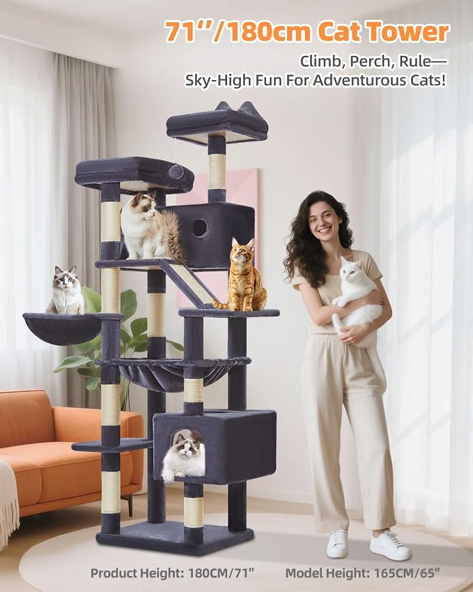 Taoqimiao Cat Tree, 71 in Extra Large Cat Tower for Inddor Cats, MS026LG | 2 Large Cat Condos, 2 Cute Perches, Metal Frame Cozy Hammock, Durable Scratch Board, 8 Natural Sisal Posts, Basket,Smoky Gray