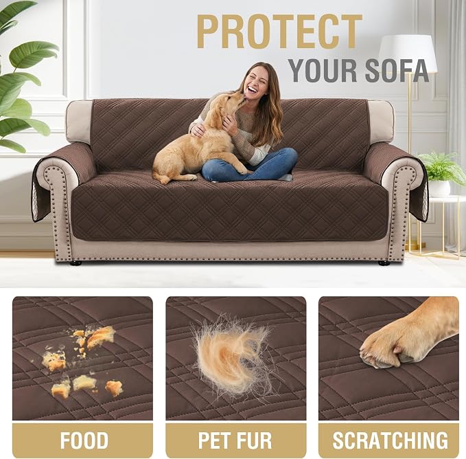 H.VERSAILTEX 100% Waterproof Sofa Covers for 3 Cushion Couch Modern Sofa Cover for Dogs XL Couch Covers for Oversized Sofa with Elastic Straps (Oversized Sofa, Brown/Beige)