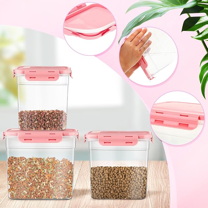 Patelai 6 Pcs Dog and Cat Food Storage Containers with Scoops Set Plastic Pet Food Storage Containers Stackable Airtight Dry for Kitchen 1.27 Qt, 2.4 Qt, 4 Qt(Pink)