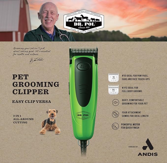 Andis 561121 Dr. Pol Easy Clip Versa Clipper Kit, 10 & 7FC Blades, Green | Includes 4 attachment combs, steel comb & nail clipper, dog grooming kit for all dog types