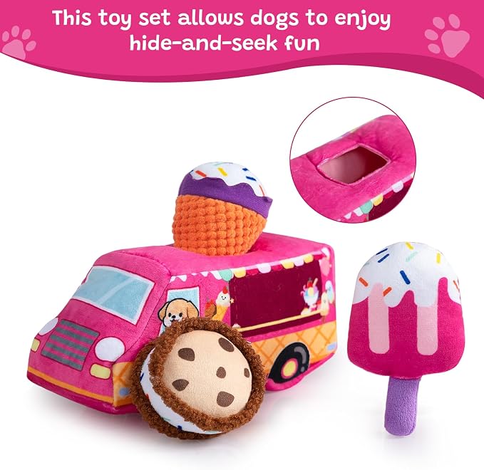 Hollypet Squeaky Hide and Seek Dog Toys for Small and Medium, Ice Cream | Interactive Plush Stuffed Dog Squeak Toys for Small Medium Sized Dogs and Non-Aggressive Chewers, Puppy Teeth Clean Chew Toys