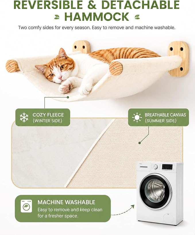 Cat Wall Shelves Set with Hammock and 2 Solid Wood Sisal Steps | 3-piece cat wall set includes 1 reversible canvas-plush hammock and 2 solid wood steps with removable sisal mats