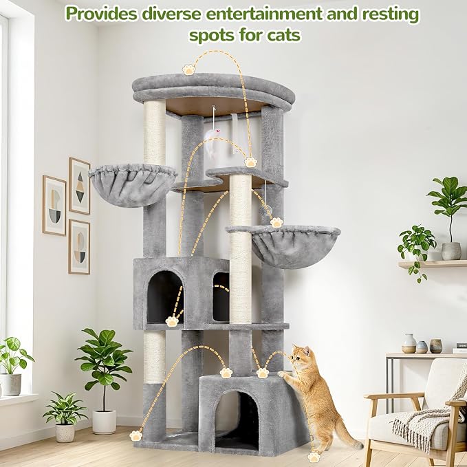 Globlazer C64 Heavy Duty Corner Cat Tree, 64in Large Cat Tower, Light Grey | Easy Setup, Maine Coon, Extra-Large Top Perch, 2 Condos, 2 Hanging Baskets, 4 Sisal Scratching Posts, Anti-Topple Strap
