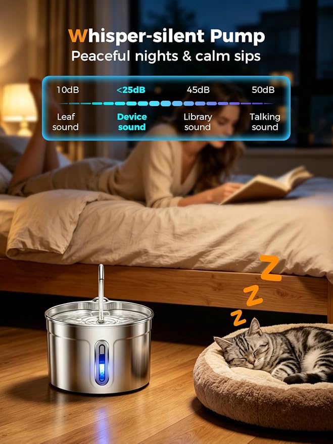 Stainless Steel Cat Water Fountain - 74oz/2.2L Ultra-Silent | 2 Filters Included, Visible Water Level, Dishwasher Safe, for Indoor Cats & Small Dogs