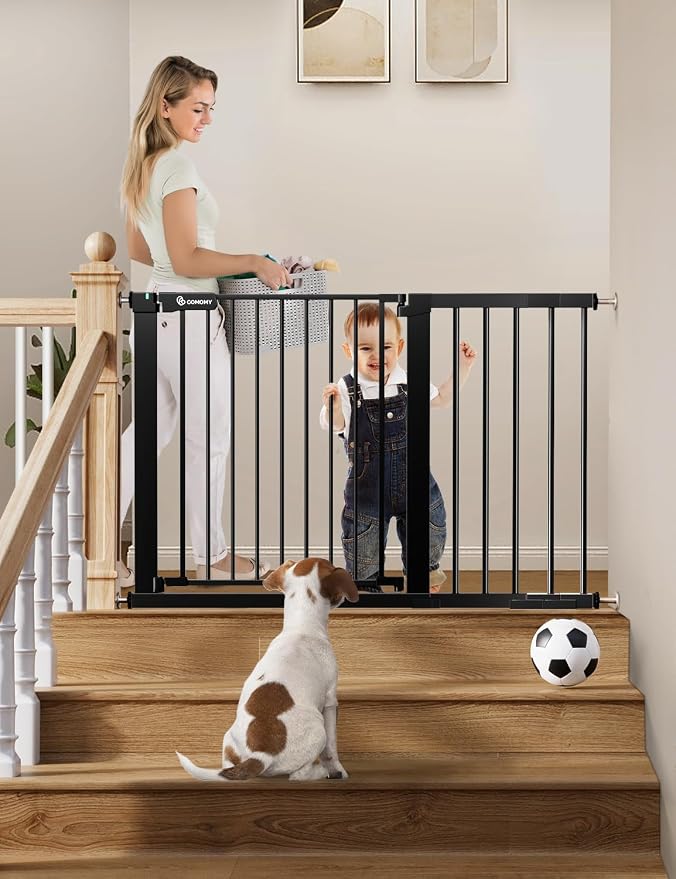 COMOMY 30" Tall Baby Gate for Stairs Doorways, Fits Openings 29.5" to 46" Wide, Auto Close Extra Wide Dog Gate for House, Pressure Mounted Easy Walk Through Pet Gate with Door, Black | Auto Close Extra Wide Dog Gate for House, Pressure Mounted Easy Wal...