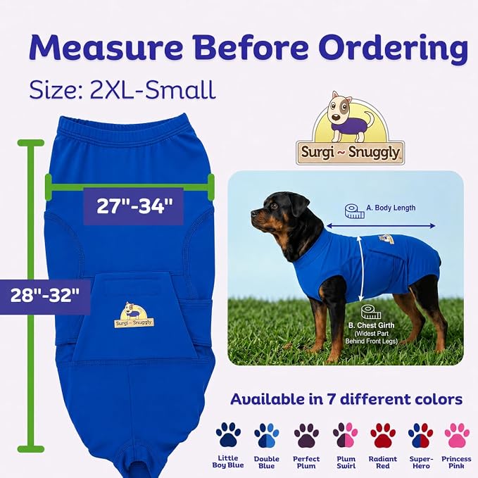 SurgiSnuggly Veterinary Invented Dog Surgical Recovery Suit for Female Spay or Male Dogs Neuters Onesie,Cone Alternative, Original Onesie Bodysuit for After Surgery Small, Medium, Large Dogs BL 2XL S