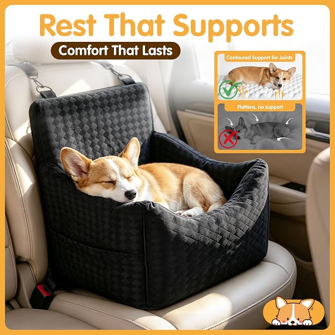 Topmart Dog Car Seat for Small Medium Dogs Under 35lbs, Cozy Pet Seat | Foam Safety Dog Booster Seat for Back Seat, Pet Bed for Car with Safety Tether, Storage Pockets, Machine Washable Cover Black