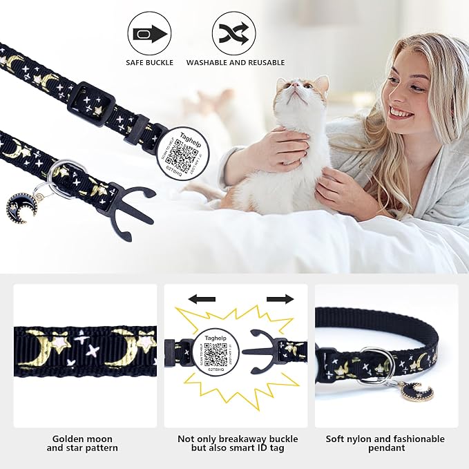 2PCS Breakaway Cat Collars with QR Code Bell Moons Stars Cute Kitty Adjustable Safe Kitten Collars with Pendant Glow in The Dark. Smart ID tag.Real-time scan alerts (Purple&Pink)