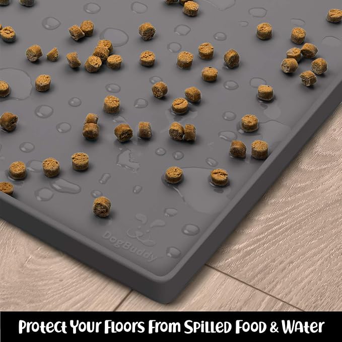 DogBuddy Dog Food Mat – Waterproof Dog Bowl Mat for Food and Water, Silicone Pet Feeding Mats For Floors, Non-Slip Placemat with High Edges For Dogs Bowls, Puppy Essentials (XS: 11" x 11", Shadow