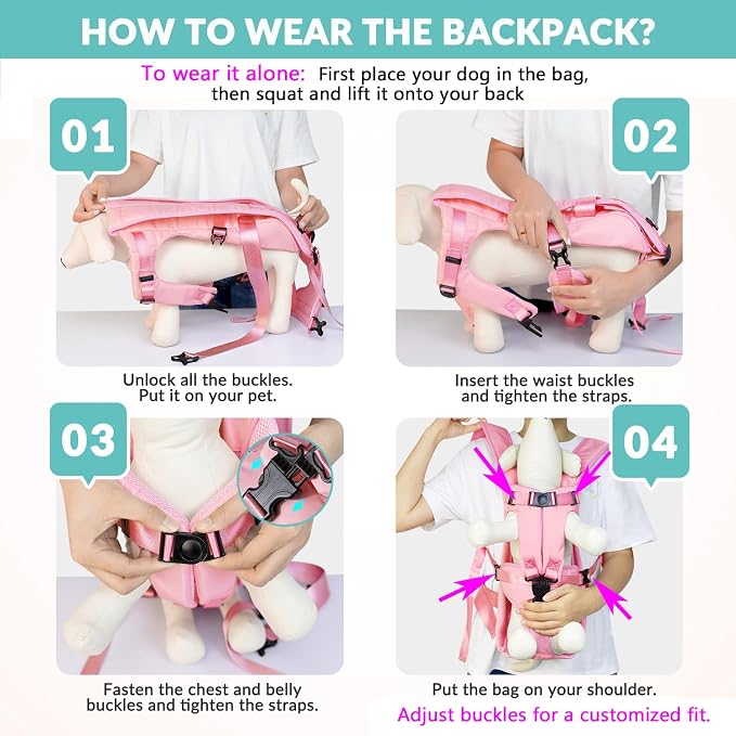 Lukovee Dog Backpack Carrier, Legs Out Easy-fit Dog Front Carrier for Small Medium Dogs, Adjustable Hands Free Dog Chest Carrier for Hiking Cycling (Pink,Medium)