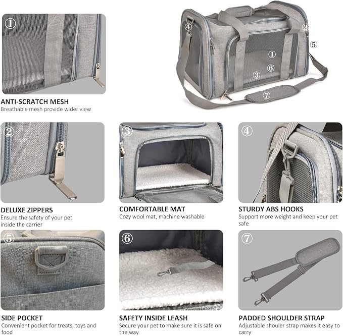 Henkelion Cat Carriers Dog Carrier Pet Carrier For Small / Medium Cats Dogs Puppies (Up To 15lbs), TSA Airline Approved Small Dog Carrier Soft Sided, Collapsible Waterproof Travel Puppy Carrier - Grey