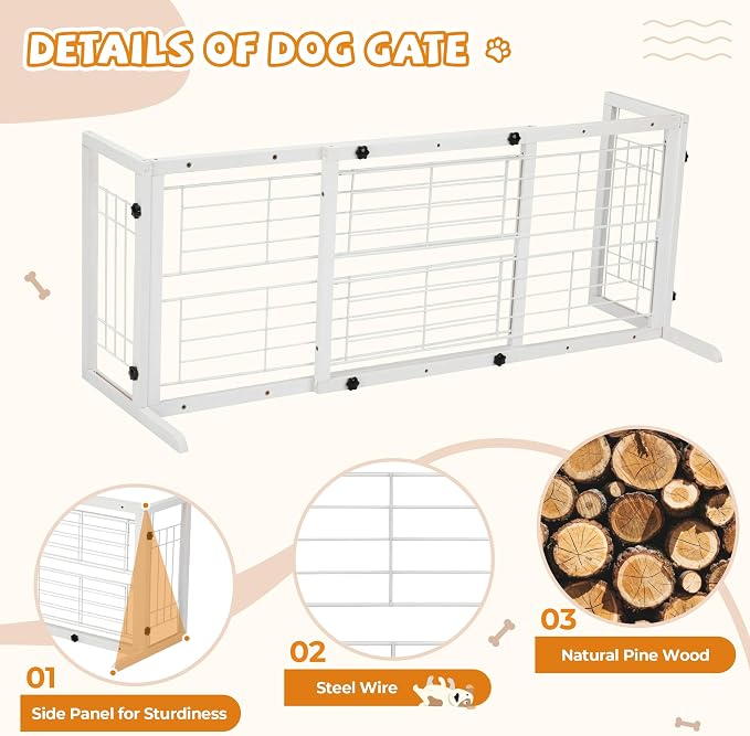Coziwow 38" -67" Dog Gate Indoor, Pet Gates for Doorways No Drilling, Wooden Free Standing Doggie Fence for Stairs, Safety for Small to Medium-Sized Dog,White