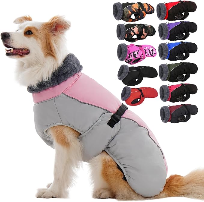 IECOii Dog Coat for Large Dogs, Reflective & Adjustable Turtleneck Jacket with Buckle, Thermal Fleece Lined Dog Snowsuit for Cold Weather - Soft Dogs Winter Coat Windproof Warm Vest, Pink, L