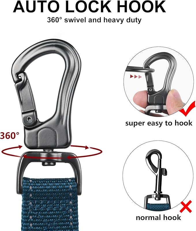 Twoear 6FT 1IN Heavy Duty Dog Leash for Large Dogs with 2 Padded Handles | Traffic Handle Extra Control, Auto Lock Hook, Strong Reflective Walking Leash for Night Safety, Medium and Large Breeds,Blue