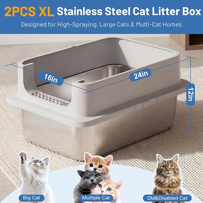 Jotesnew 2 Pack XL Stainless Steel Cat Litter Box with Lid and High Sides, 24" L x 16" W x 12" H Extra Large Metal Cat Litter Boxes for Big Cats, Leak-Proof, Non-Stick, Odor-Resistant, Includes Scoop