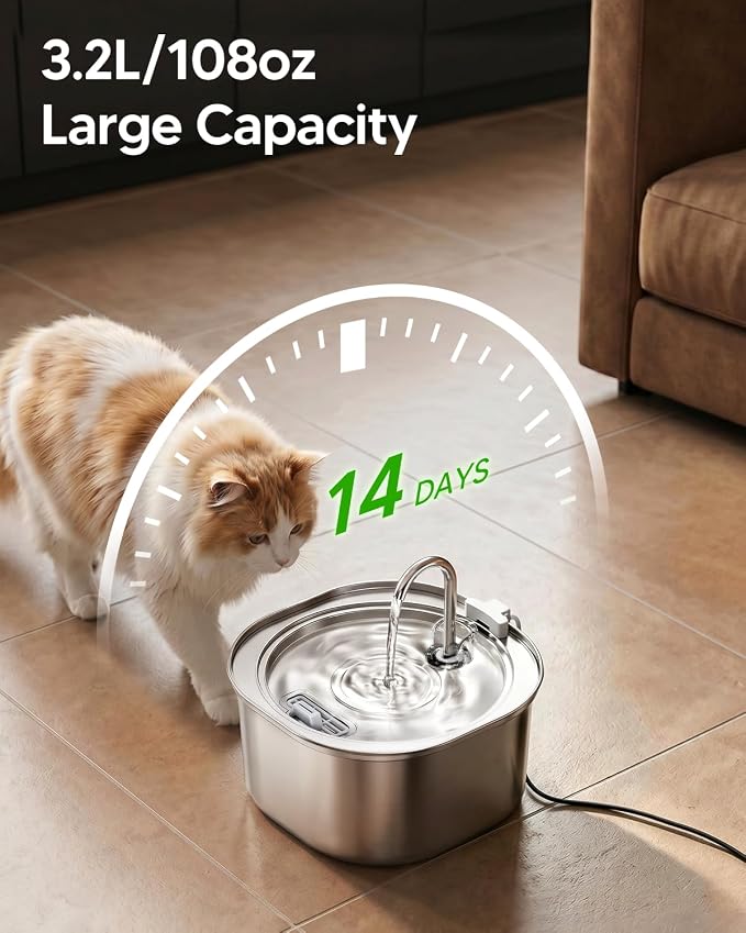 PEKTACO Cat Water Fountain, 3.2L Pet Drinking Fountain with 6 Filters | Stainless steel cat drinking fountain, dishwasher safe, with triple filtration, quiet pump, faucet for cats and small pets
