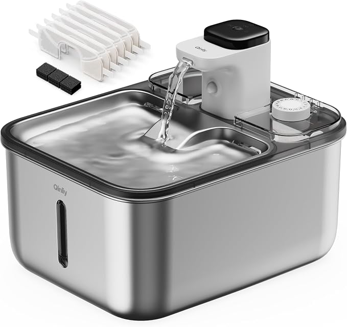 Automatic Stainless Steel cat Water Fountain for Pets Indoor, Wireless Metal Dispenser, Cordless Battery Operated Dog Drinking Fountains, Rechargeable Waterer with Motion Sensor, Black,3.5L 6 Filters