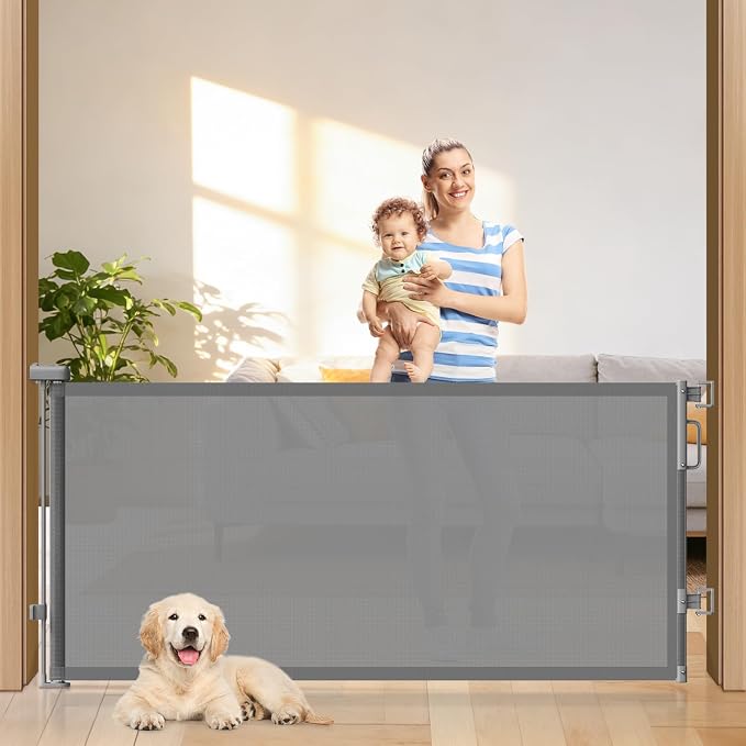 78" Retractable Extra Wide Baby Gates for Stairs, Long Mesh Dog Gate | Indoor Outdoor Pet Gate for Large Openings, Ideal for Doorways Hallways Kitchens Decks & Porches, 34" Height, Gray