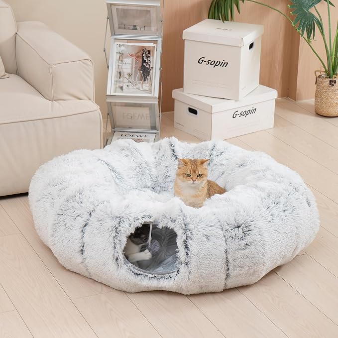 Avont Cat Tunnel Bed, Washable Cushion, Large 3-in-1 Play Tube for Cats | Play, Rest & Snuggle | Spacious for Big Cats | Durable Toggle Design | Removable Washable Cushion | Grey