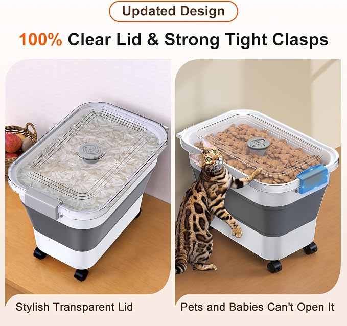 Rice Storage Container, Collapsible Airtight Food Storage Containers 20-30lbs with Clear Lid and Wheels, Rice Dispenser with Scoop for Flour Cereal Pasta Grain, Cat Pet Bird Dog Food Storage Container