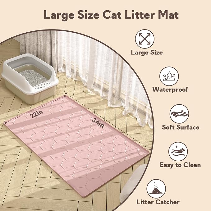 Garoopion Silicone Cat Litter Mat 34×22 inch, Easy to Clean, Pink | Waterproof Silicone Mat with Raised Edges, Catch Litter, Protect Floor from Urine, Multi-Use for Dog/Sink/Kitchen/Boots