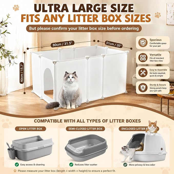FHTONGE Extra Large Cat Litter Box Enclosure with Door, Protect Wall Floor | Cat Litter Pan Splash Guard Barrier, Universal Kitten Toilet Box Cover Hideaway Divider, Pee Shield Privacy Screen Surround