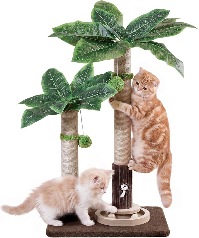 Woochpet Palm Tree Cat Scratching Post Dual Height Brown | Natural Sisal Wrapped Poles, Hanging Plush Balls, Bottom Roller Ball Track, Hidden Peek Hole