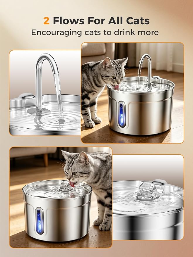 Stainless Steel Cat Water Fountain - 74oz/2.2L Ultra-Silent | 2 Filters Included, Visible Water Level, Dishwasher Safe, for Indoor Cats & Small Dogs