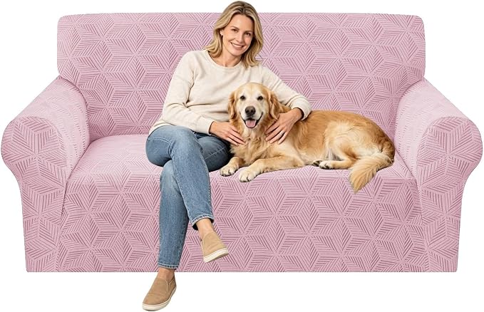 ZNSAYOTX Stretch Couch Cover, 1 Piece Sofa Covers for 2 Cushion Couch, Jacquard Loveseat Slipcovers with Elastic Bottom Thickened Furniture Protector for Dog Cat Pet (Medium, Dusty Pink)