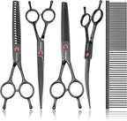 Dog Grooming Scissors Kit, Professional 6 in 1 Pet Scissors Sharp Shears Set - Straight, Thinning, Chunker, Curved Shears and Comb for Long Short Hair for Dog Cat (Set, Black)