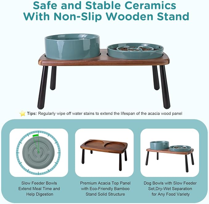 SPUNKYJUNKY Ceramic Elevated Dog Bowls with Slow Feeder Raised Acacia Bamboo Wooden Stand, 8.3'' Dog Food Water Bowls Set Non-Slip for Medium Large Sized Breed Microwave Dishwasher Safe - Dark Green