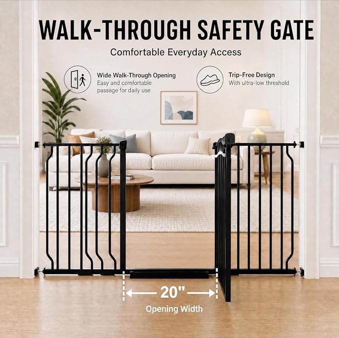 67.3"-81.1" Extra Wide Baby Gate & Dog Gate, Pressure Mounted No Drilling Pet Gate for Doorways & Large Openings, with Walk-Through, Auto-Close & Dual-Direction Swing, Black