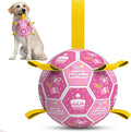 QDAN Dog Birthday Toys, Puppy Gifts, Dog Soccer Ball with Straps, Pink | 8 Inch Outdoor Herding Balls for 30-90 lbs Dogs, Interactive Training Soccer Toy for Tug of War, Dog Ball to Keep Them Busy