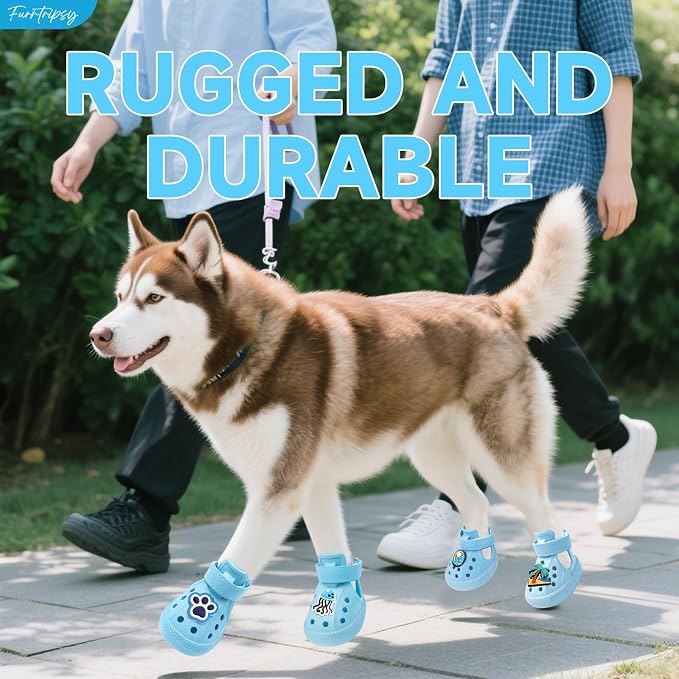 Dog Shoes,Non-Slip Waterproof Sandals for Hot Pavement, Breathable Perforated Boots,Adjustable Straps Dog Rain Booties for Summer Beach and Rainy Day(Blue,#5)