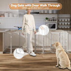 SNUOWU Full Metal Freestanding Dog Gate with Door, 36''Height Foldable Pet Dog Fence for Indoor & Outdoor, 8 Panels Extra Wide Free Standing TallDog Gates for Doorways,House,Stairs,Porch,Deck,Yard