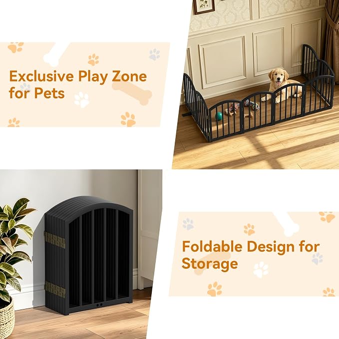 SNUOWU 16 Inch Full Metal Freestanding Short Dog Gate for Small Dogs, Foldable 8-Panel Pet Barrier, Expands Up to 96" Wide, Indoor Safety Fence for Doorway, Home & Stairs, Black