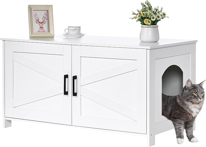 Homhedy 39.4" L Cat Litter Box Enclosure with Barn Door, White | Wooden Cat Washroom Furniture, Cat House, Pet Storage Cabinet, Dog-Proof, Fit Most of Litter Box, Farmhouse Style