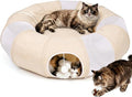 Ownpets Collapsible Cat Tunnel Toy - 2-in-1 Interactive Play Tunnel for Cat up to 18 lbs, Tear-Resistant Mesh, Fold to 2 Inches Thick, Portable Cat Exercise & Entertainment Tunnel, 12" Diameter, Khaki