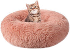 rabbitgoo Calming Cat Beds for Indoor Cats, 20 inches, Pink | Soft Warm Donut, Fluffy Faux Fur, Supportive Raised Rim, Anti-slip, Machine Washable, Up to 15lbs Kittens & Small Cats