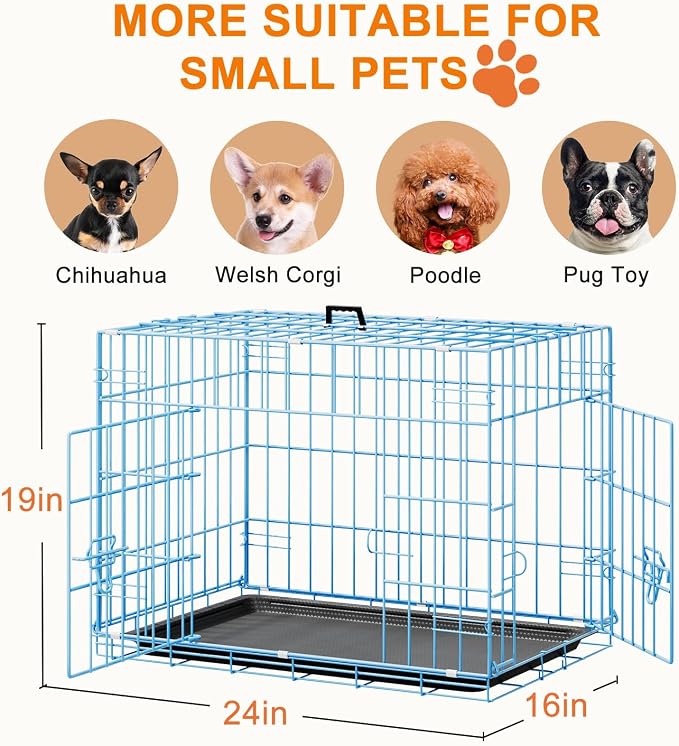 FDW 24inch Dog Crate Pet Cage with Metal Folding Design Plastic Tray Indoor Outdoor Dog Kennel Cage for Small Dogs,Blue