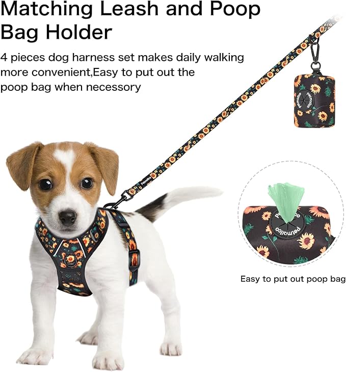 Petmolico No Pull Dog Harness Set with Leash Attachment Easy Control Handle Reflective Harness Vest Small Breed, Puppy Vest and Leash Set with Poop Bag Holder, XS - Sunflower